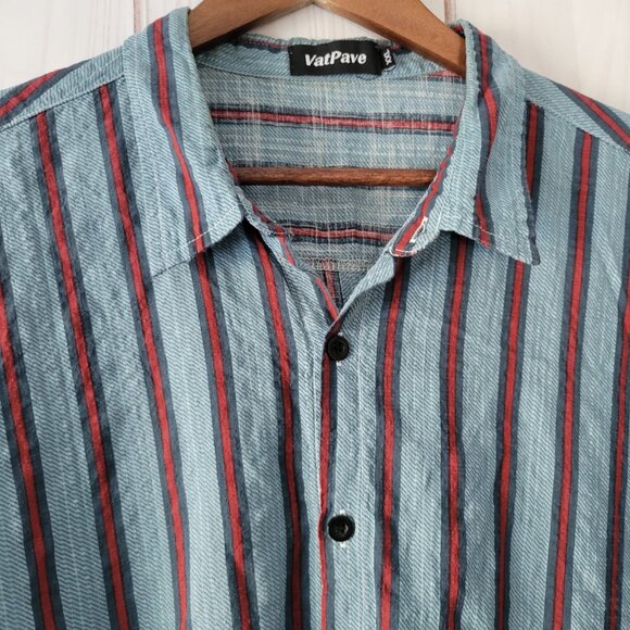 VatPave Men’s XXL Stripe Button-Down Short Sleeve Shirt, Blue/Red, Lightweight - Picture 2 of 8